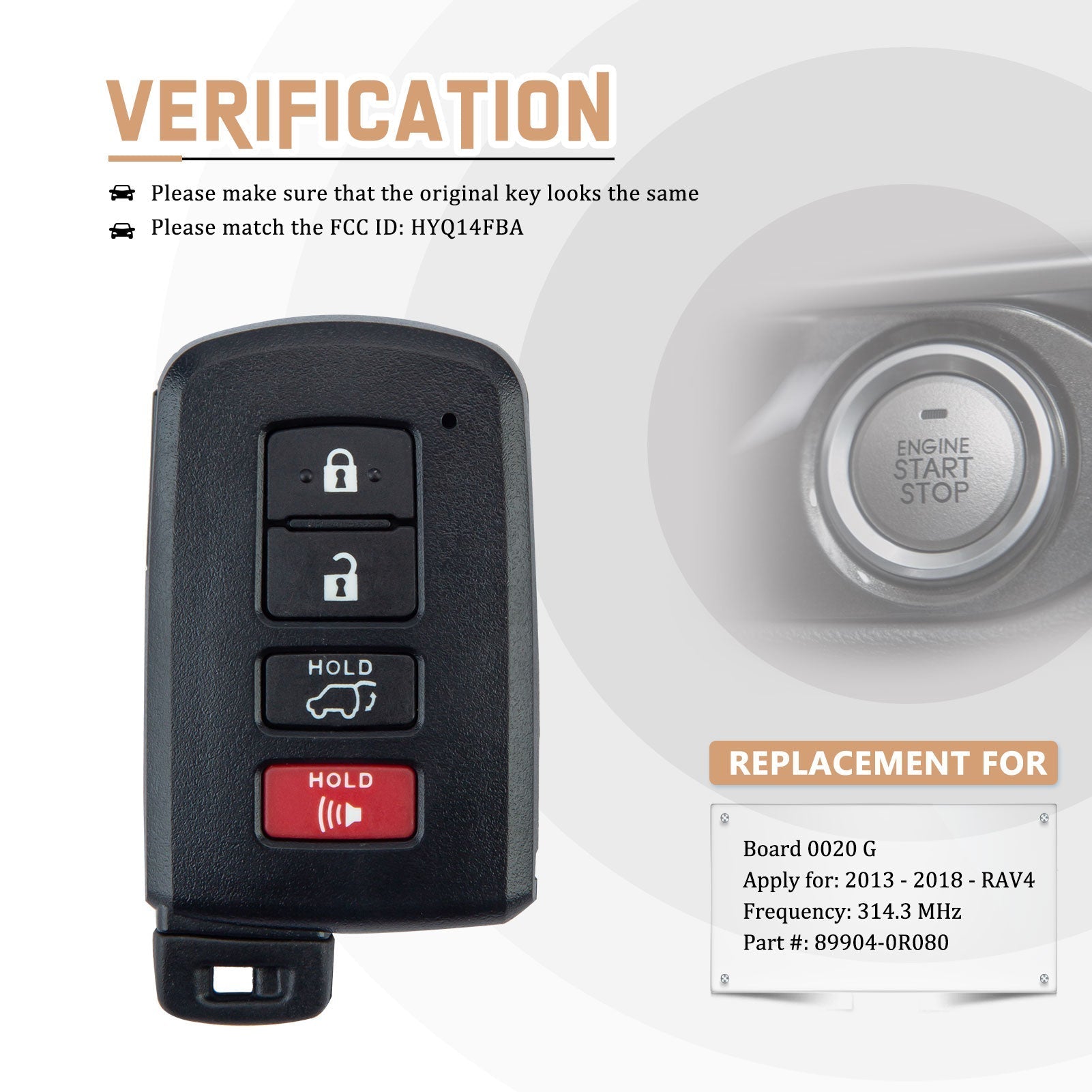 Smart Key Fob Replacement for 2013-2018 Toyota RAV4 Smart Remote FCC ID: HYQ14FBA Board 0020 G T4RG(10)