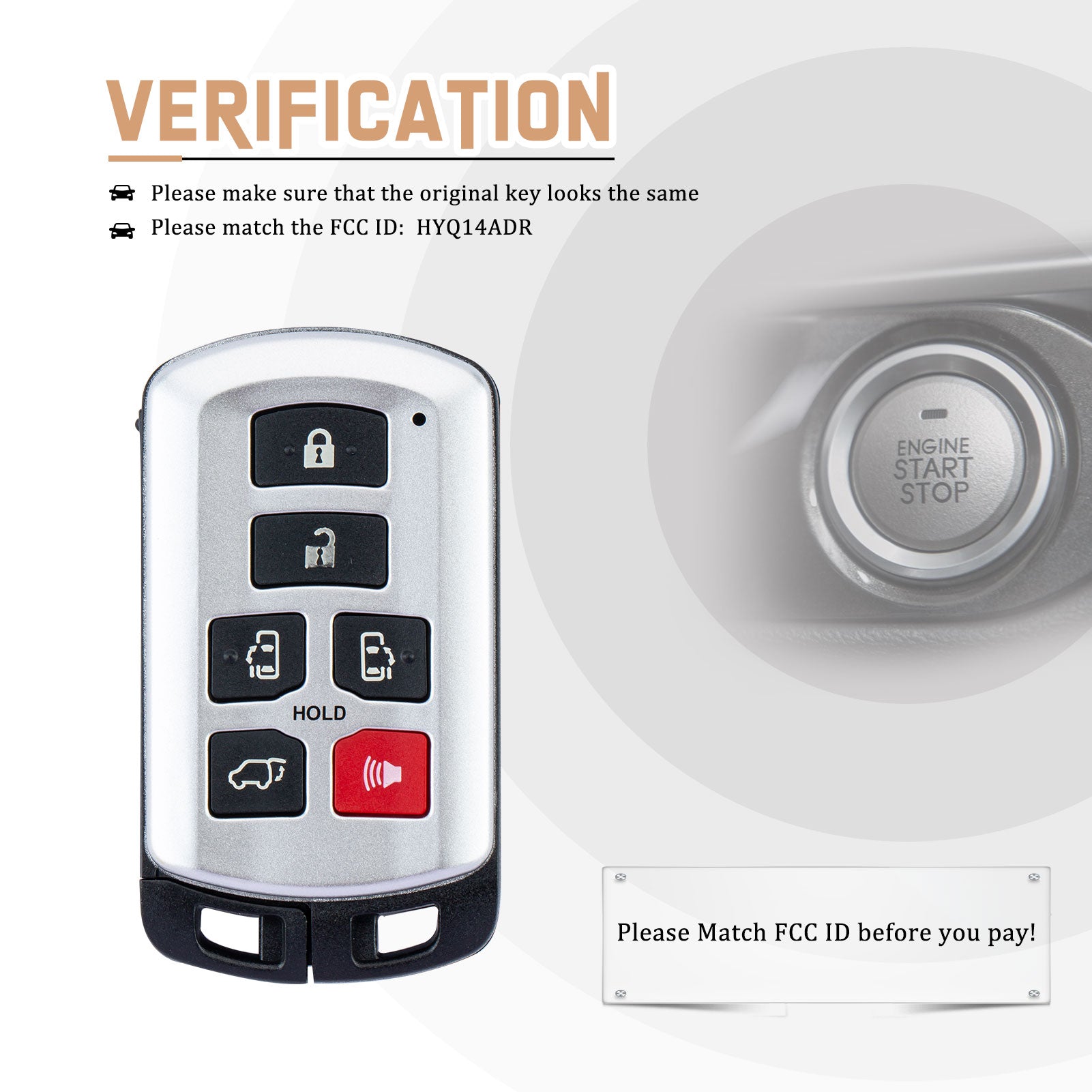 Smart Key Fob Replacement for 2011 - 2019 Toyota Sienna Keyless Remote FCC ID:HYQ14ADR T6RB